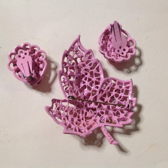 Vintage Weiss Pink Rhinestone Maple Leaf Brooch & Earrings - Picture 3 of 9